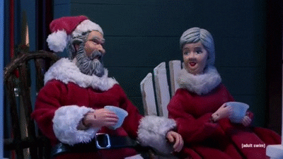 santa and mrs claus sitting on the porch talking during the robot chicken stop motion holiday special