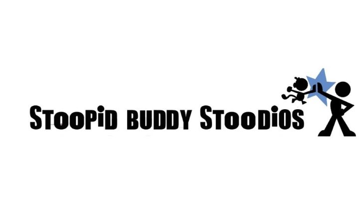 black logo for stoopid buddy stoodios with two simple cartoon characters high fiving