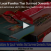 pile of presents with text on screen reading "donations for local families that survived domestic violence"