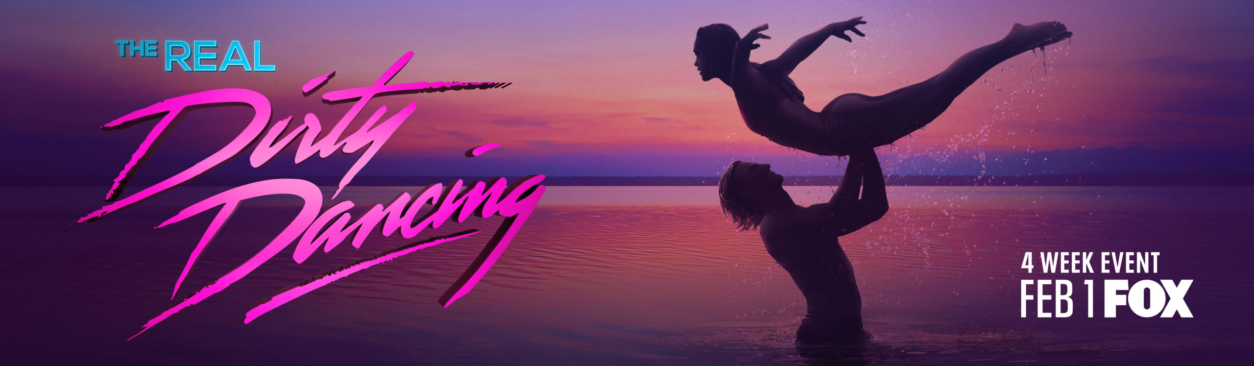 neon pink script logo for the real dirty dancing against a sunset beach background and a silhouette of a man lifting a woman over his head