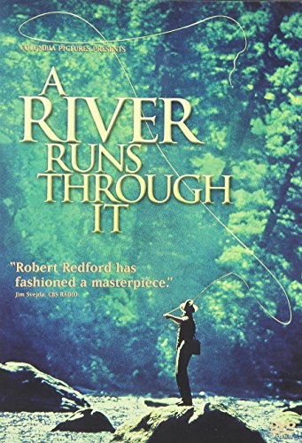 poster for a river runs through it with yellow text on a forest background with green trees and the silhouette of a man fly fishing in a river