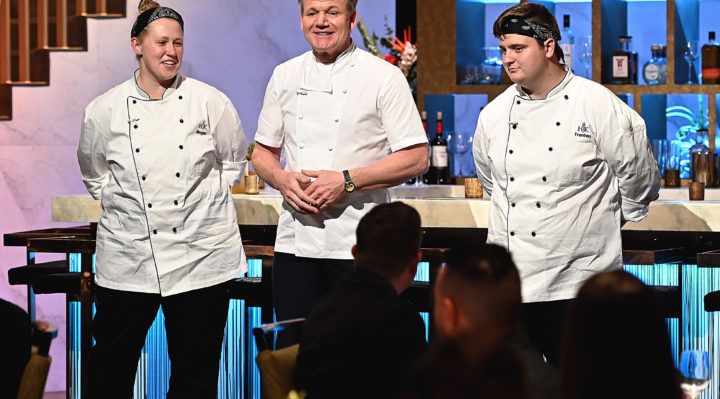 HELL'S KITCHEN: L-R: Contestant Megan, chef/host Gordon Ramsay and contestant Trenton in the "2 Young Guns Shoot It Out" season finale of Hell's Kitchen airing Monday, Sept. 13 (9:01-10:00 PM ET/PT) on FOX. CR: Scott Kirkland / FOX. © 2021 FOX MEDIA LLC.